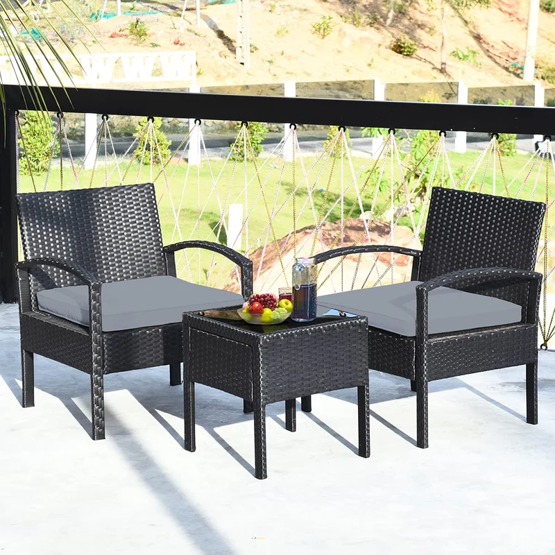 Black 3-Piece Wicker Outdoor Patio Conversation Set with Gray Cushions
