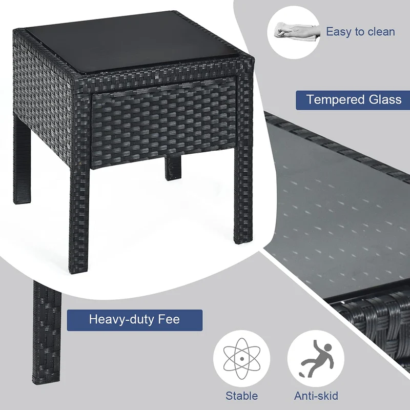 Black 3-Piece Wicker Outdoor Patio Conversation Set with Gray Cushions