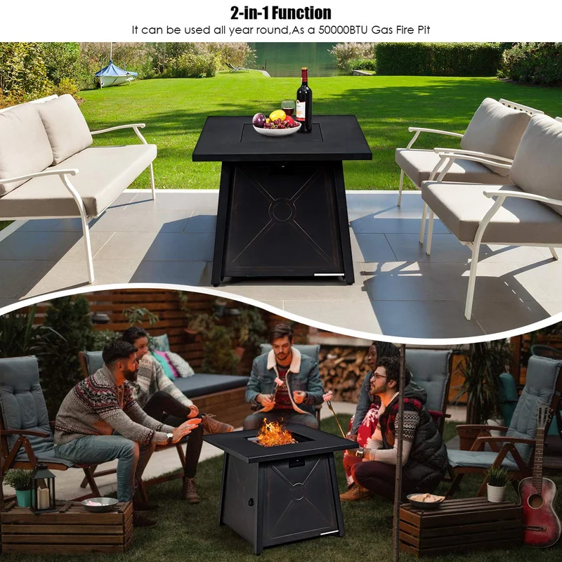 30 in. W x 25 in. H Black Steel 50,000 BTU Square Propane Gas Fire Pit Table