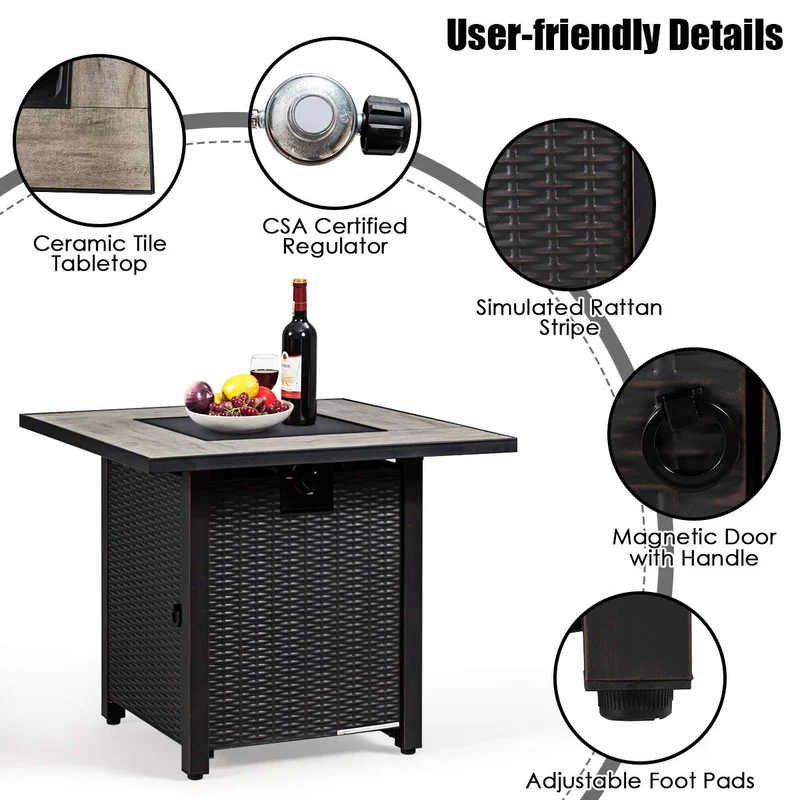 30 in. W x 25 in H Steel Square Propane Gas Fire Pit Table with Ceramic Tabletop