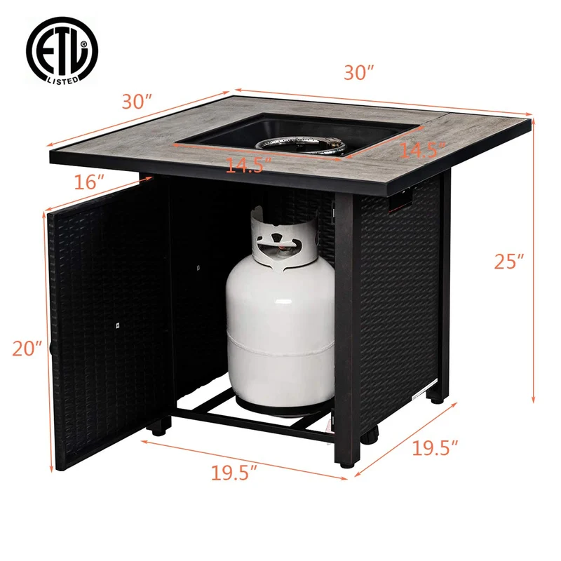 30 in. W x 25 in H Steel Square Propane Gas Fire Pit Table with Ceramic Tabletop