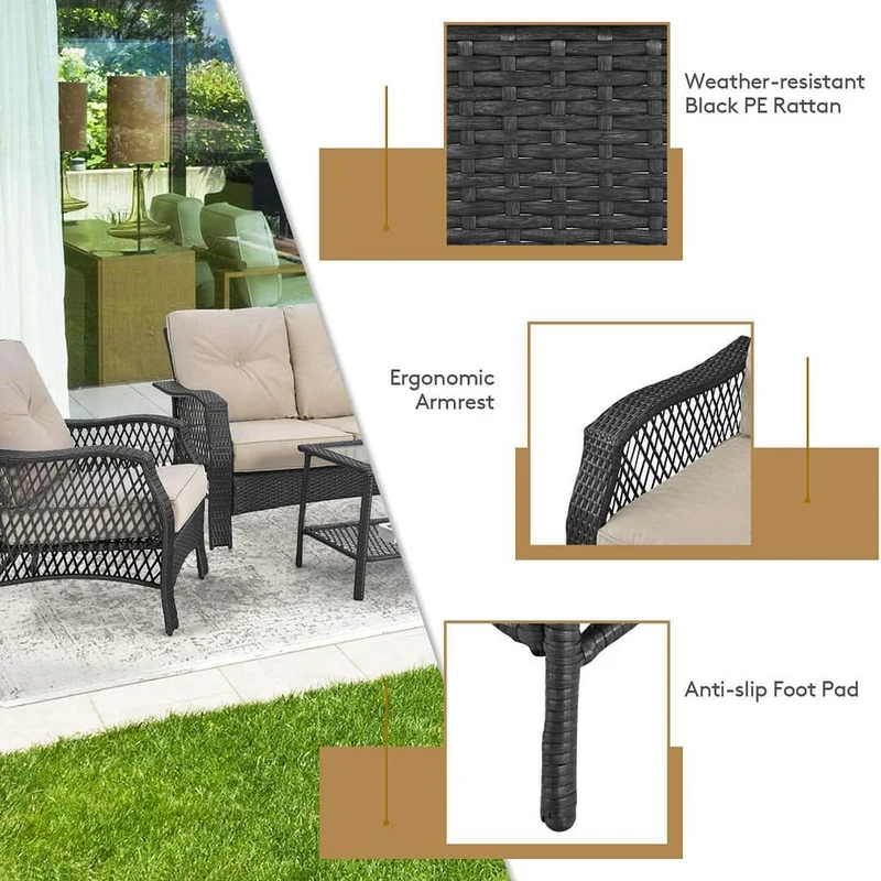 Gray 4-Piece Wicker Patio Conversation Set with Beige Cushions