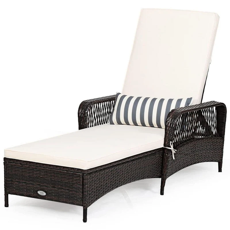 Brown Wicker Outdoor Patio Chaise Lounge with White Cushions