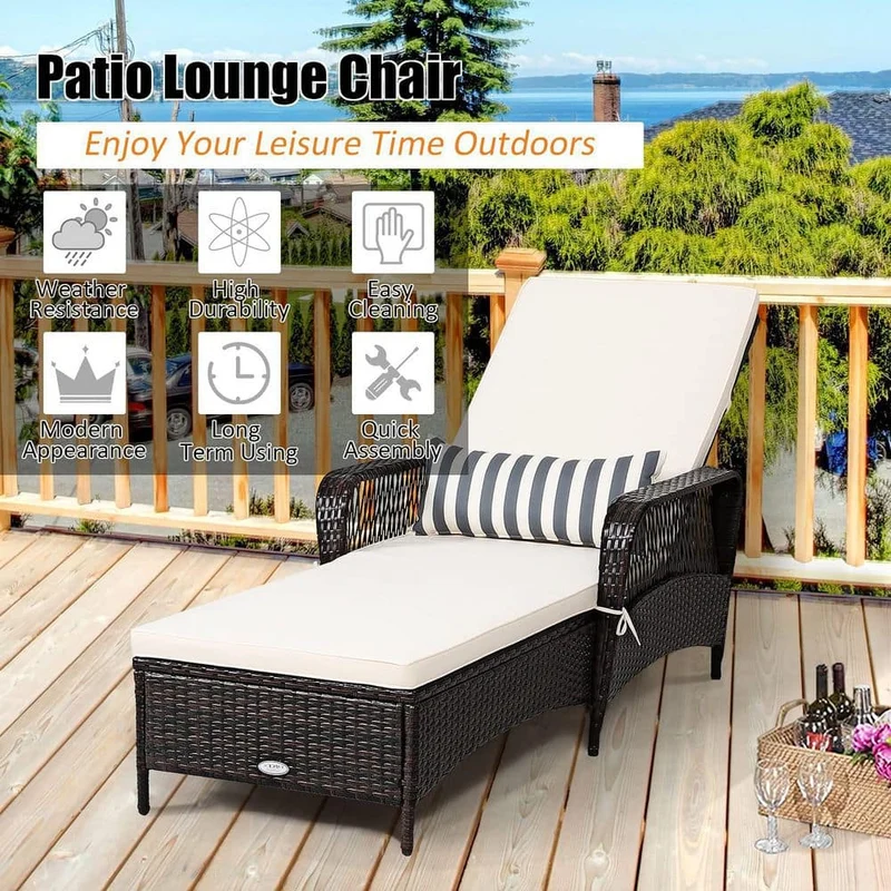 Brown Wicker Outdoor Patio Chaise Lounge with White Cushions