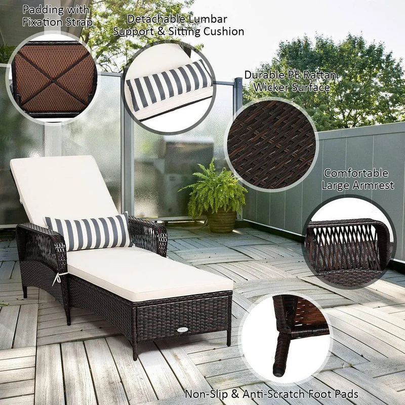 Brown Wicker Outdoor Patio Chaise Lounge with White Cushions