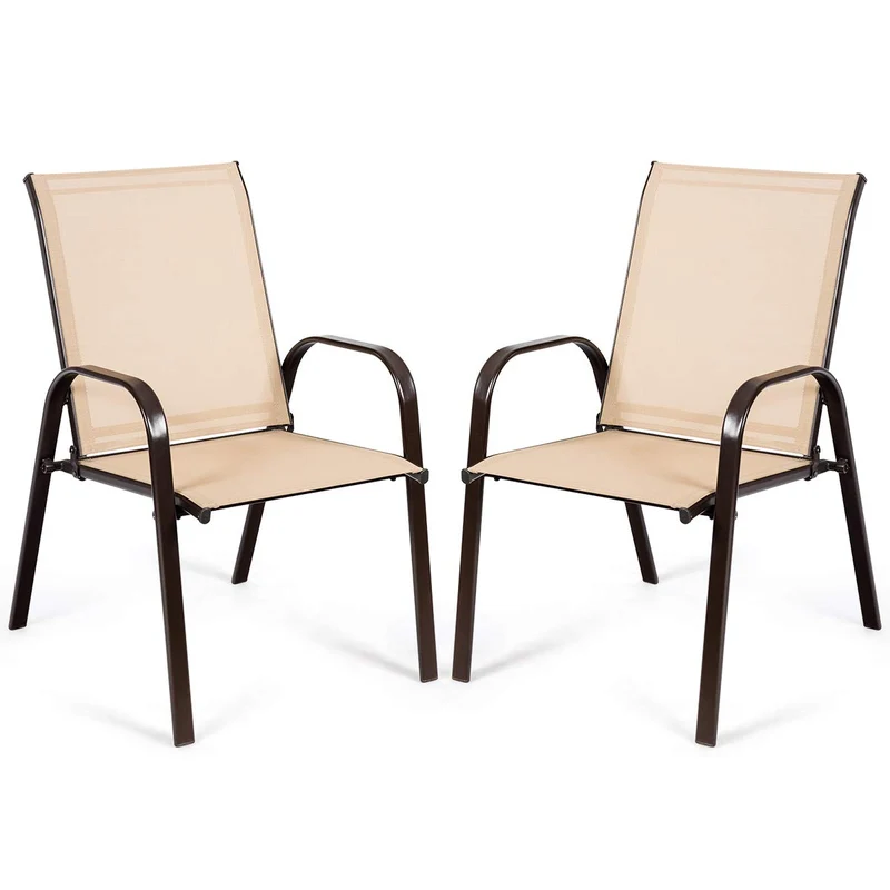 Beige Metal Outdoor Folding Recliner with Armrest (2-Pack)