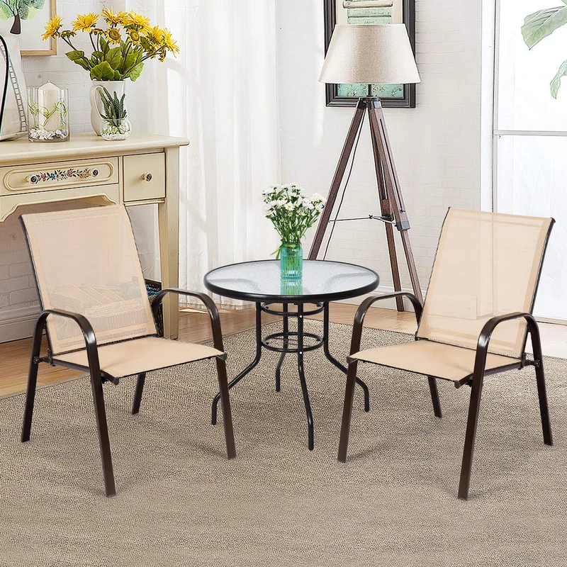 Beige Metal Outdoor Folding Recliner with Armrest (2-Pack)