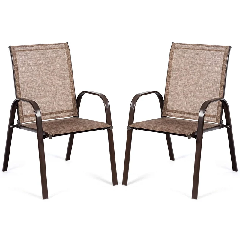 Brown Metal Outdoor Folding Recliner with Armrest (2-Pack)