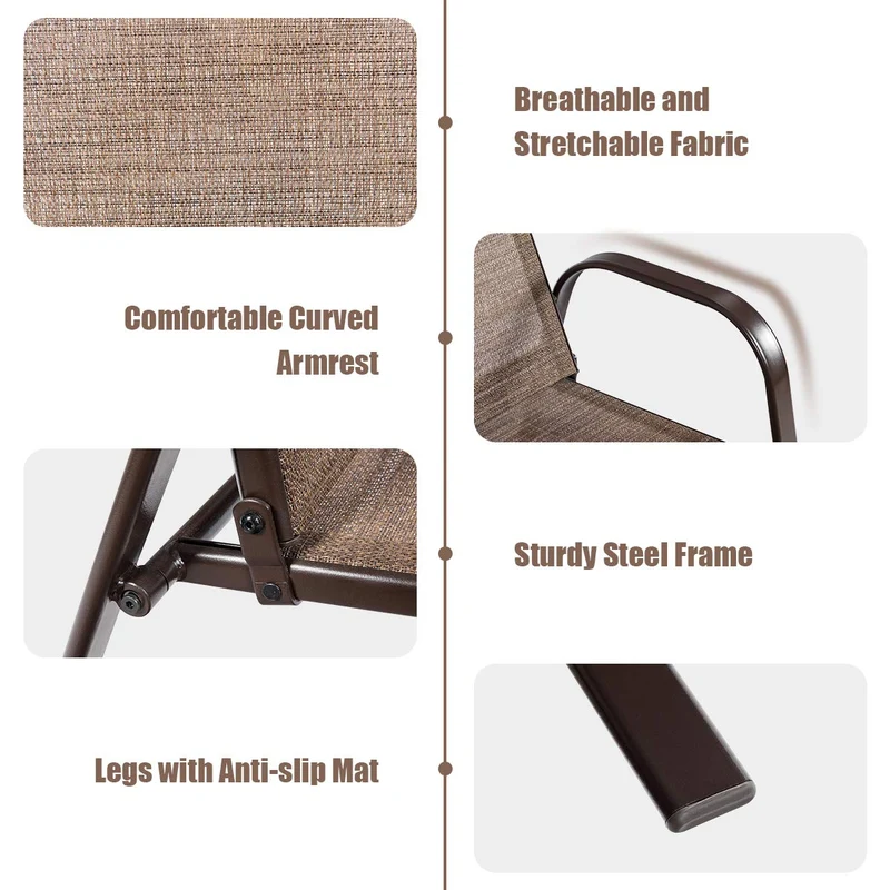 Brown Metal Outdoor Folding Recliner with Armrest (2-Pack)