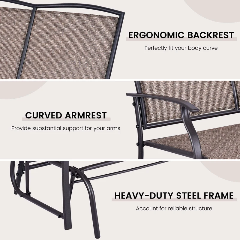 Brown 2-Person Steel Outdoor Rocking Chair Patio Padded Sling Glider