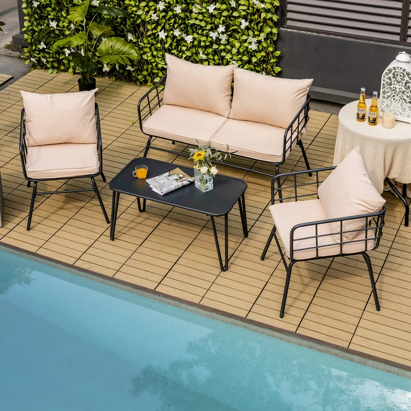Black 4-Piece Steel Outdoor Patio Conversation Set with Beige Cushions and Coffee Table