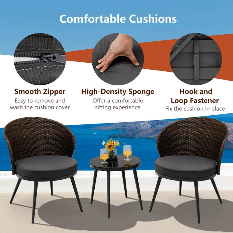 3-Piece Wicker Outdoor Patio Conversation Set with Gray Cushions and Tempered Glass Table