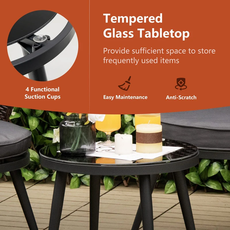 3-Piece Wicker Outdoor Patio Conversation Set with Gray Cushions and Tempered Glass Table
