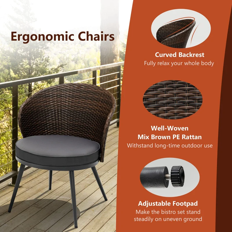 3-Piece Wicker Outdoor Patio Conversation Set with Gray Cushions and Tempered Glass Table