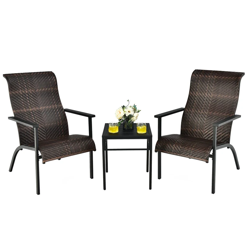 Brown 3-Piece Wicker Outdoor Bistro Set with High Backrest and Armrest