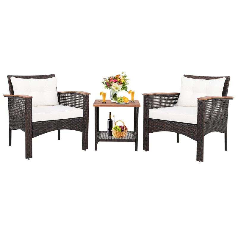 3-Piece Wicker Outdoor Bistro Set with White Cushions