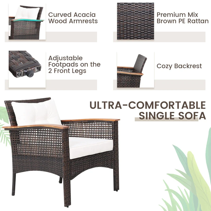 3-Piece Wicker Outdoor Bistro Set with White Cushions