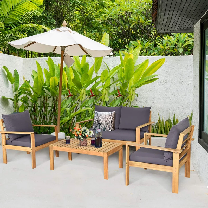 4-Piece Wood Outdoor Patio Conversation Seating Set with Gray Cushions