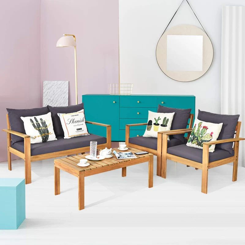 4-Piece Wood Outdoor Patio Conversation Seating Set with Gray Cushions