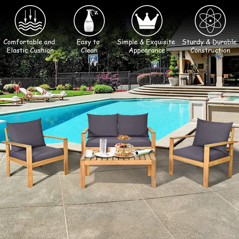 4-Piece Wood Outdoor Patio Conversation Seating Set with Gray Cushions