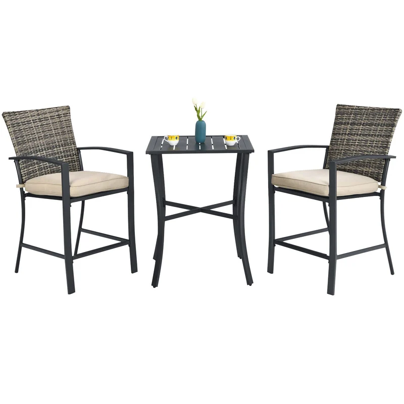 3-Piece Wicker Outdoor Bistro Set with Beige Cushions