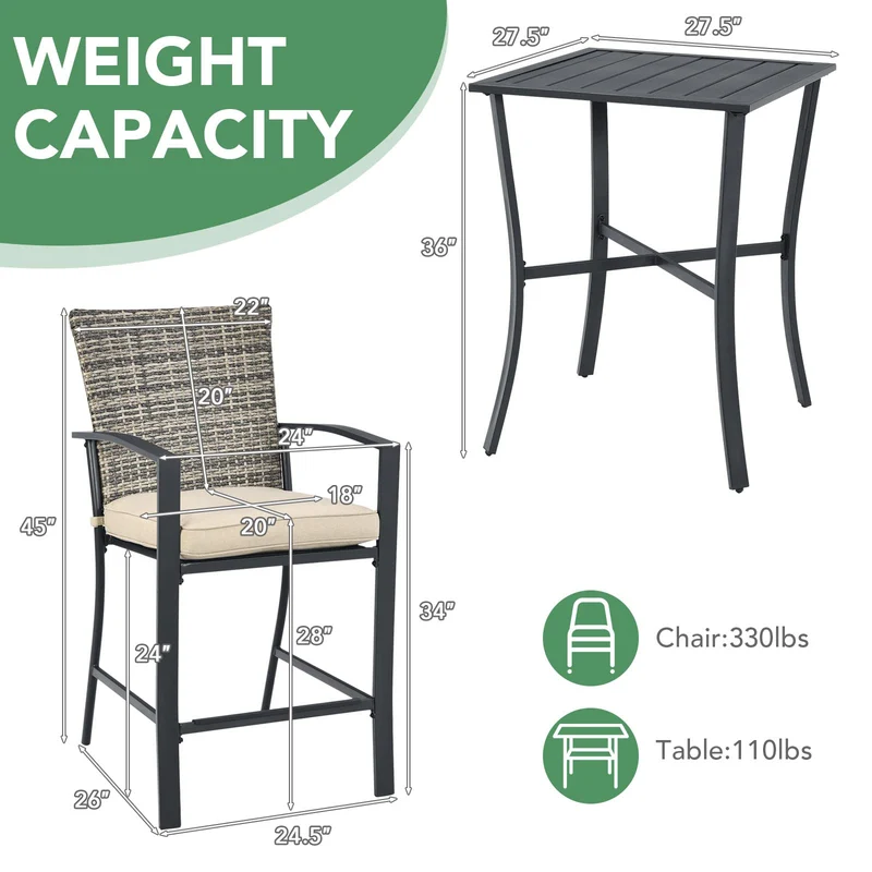 3-Piece Wicker Outdoor Bistro Set with Beige Cushions