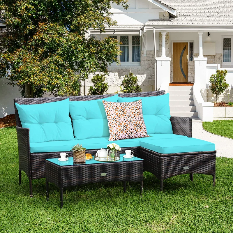 Brown 3-Piece Wicker Outdoor Patio Sectional Sofa Seating Set with Turquoise Cushions