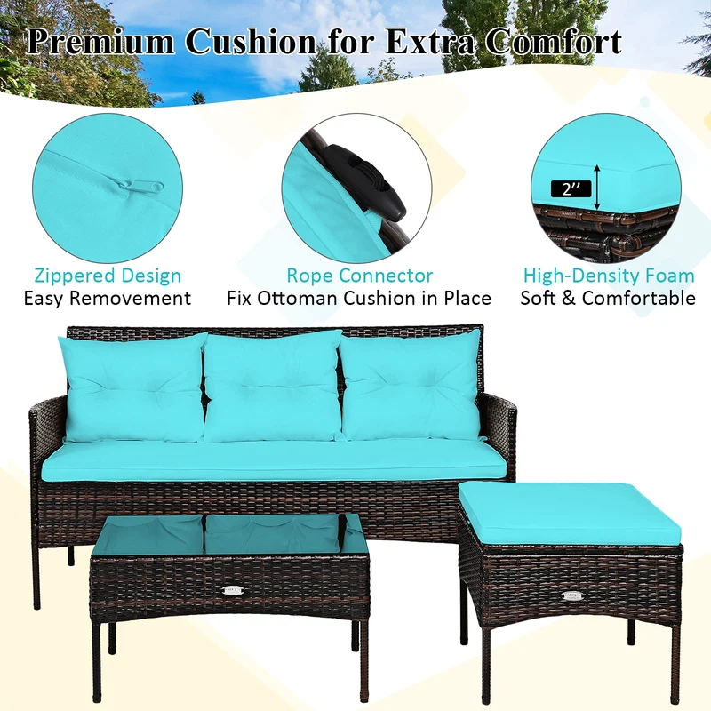 Brown 3-Piece Wicker Outdoor Patio Sectional Sofa Seating Set with Turquoise Cushions