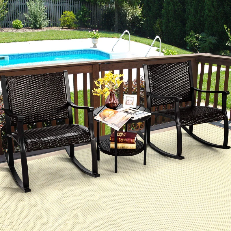 Black 3-Pieces Wicker Outdoor Rocking Chair Set with Coffee Table
