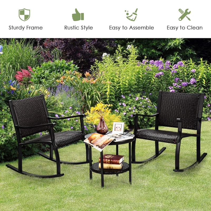 Black 3-Pieces Wicker Outdoor Rocking Chair Set with Coffee Table