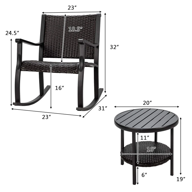 Black 3-Pieces Wicker Outdoor Rocking Chair Set with Coffee Table