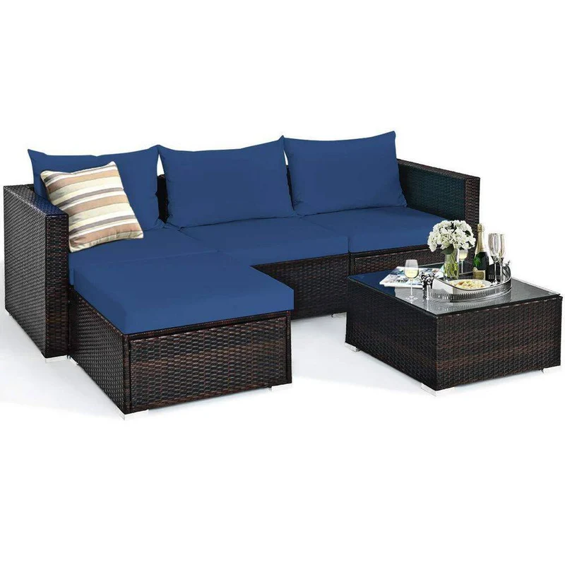 Brown 5-Piece Wicker Outdoor Patio Conversation Seating Set with Blue Cushions and Coffee Table