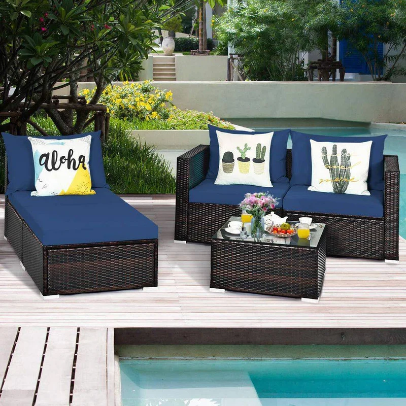 Brown 5-Piece Wicker Outdoor Patio Conversation Seating Set with Blue Cushions and Coffee Table