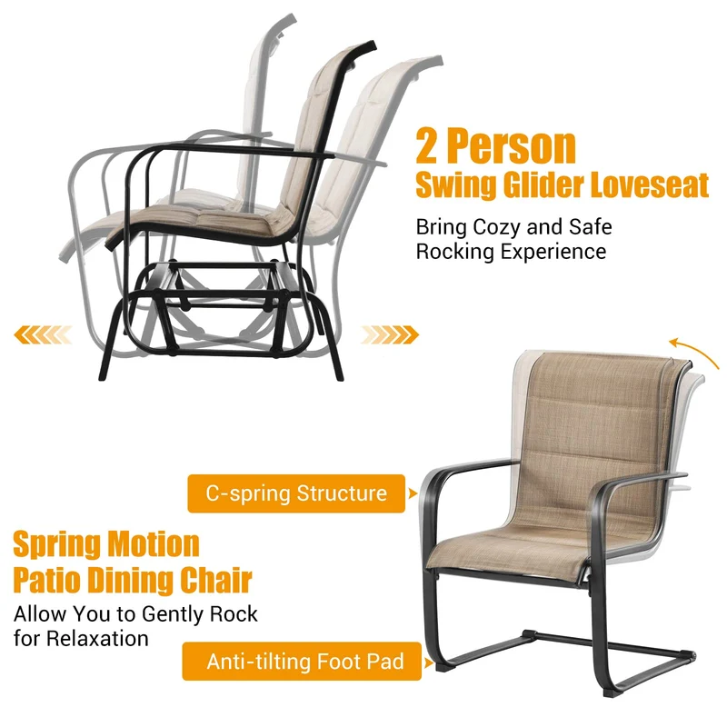 Brown 4-Piece Metal Outdoor Patio Conversation Set with Padded Glider Loveseat and Coffee Table
