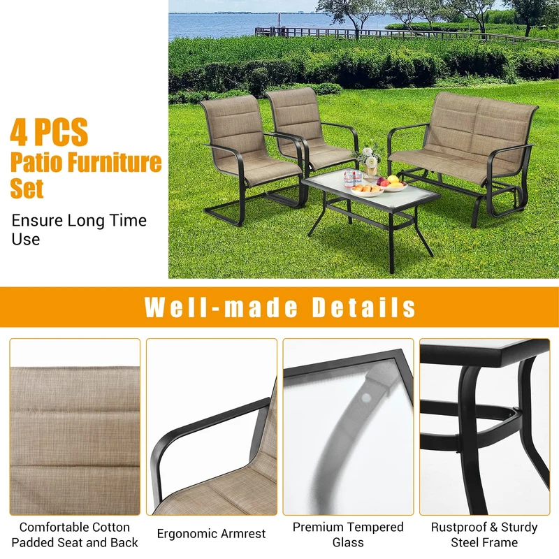 Brown 4-Piece Metal Outdoor Patio Conversation Set with Padded Glider Loveseat and Coffee Table