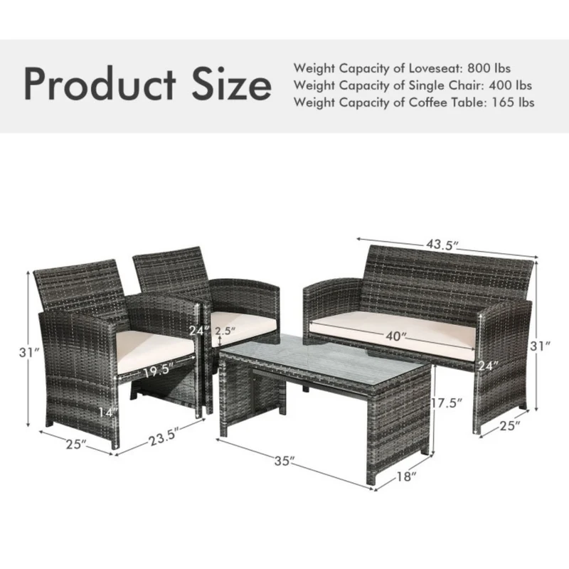 Mixed Grey 4-Piece Wicker Patio Conversation Set with Beige Cushions