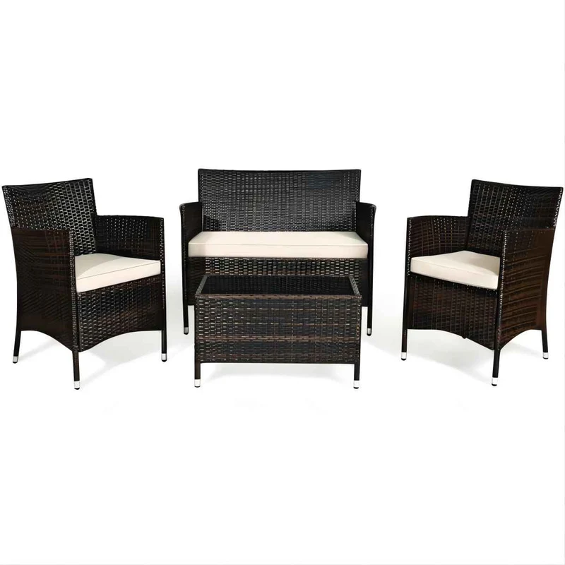 4-Piece Wicker Patio Conversation Set with Beige Cushion