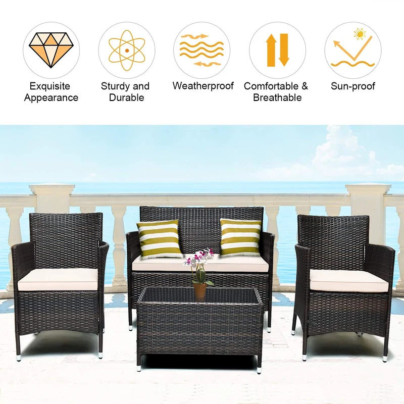 4-Piece Wicker Patio Conversation Set with Beige Cushion