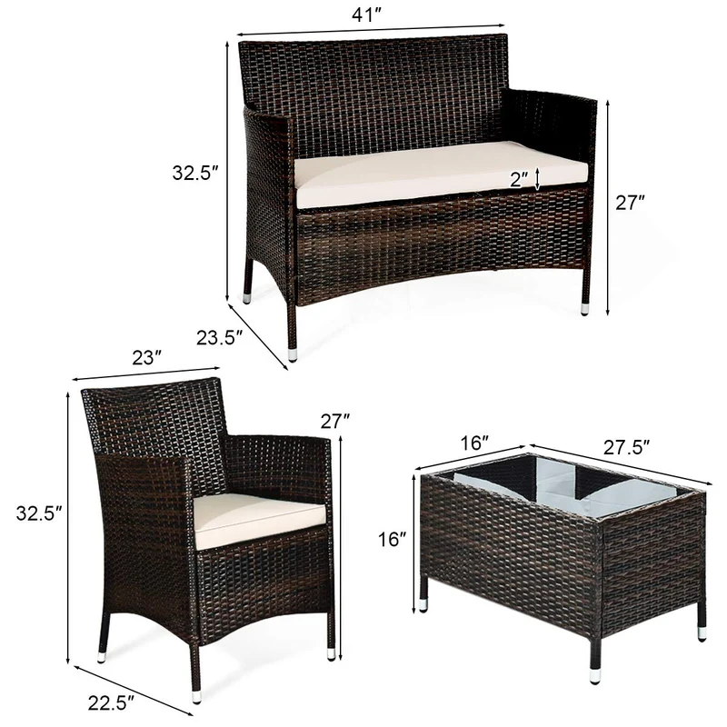 4-Piece Wicker Patio Conversation Set with Beige Cushion