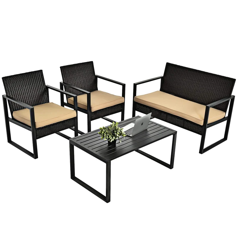 Black 4-Piece Metal Outdoor Patio Conversation Set with Brown Cushions and Coffee Table