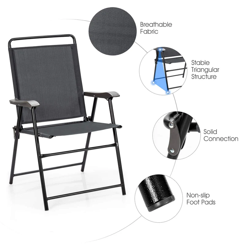 Gray Steel Portable Folding Chair Outdoor Patio Dining Chair with Armrest (4-Pack)