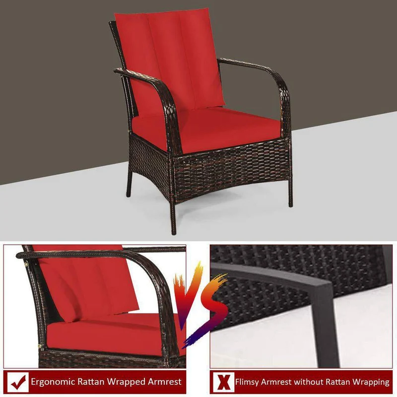 Mix Brown 3-Piece Rattan Wicker Outdoor Furniture Patio Conversation Set with Red Cushions