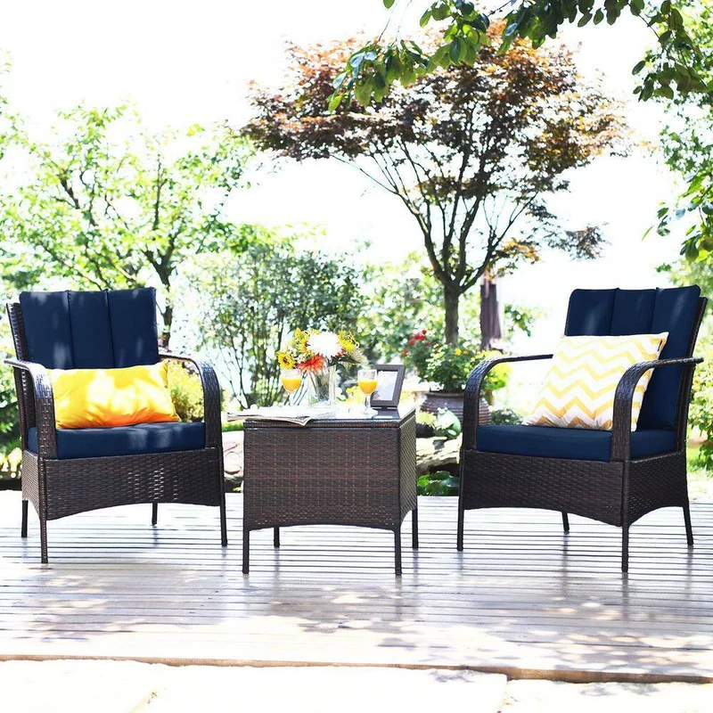 Mix Brown 3-Piece Rattan Wicker Outdoor Furniture Patio Conversation Set with Navy Cushions