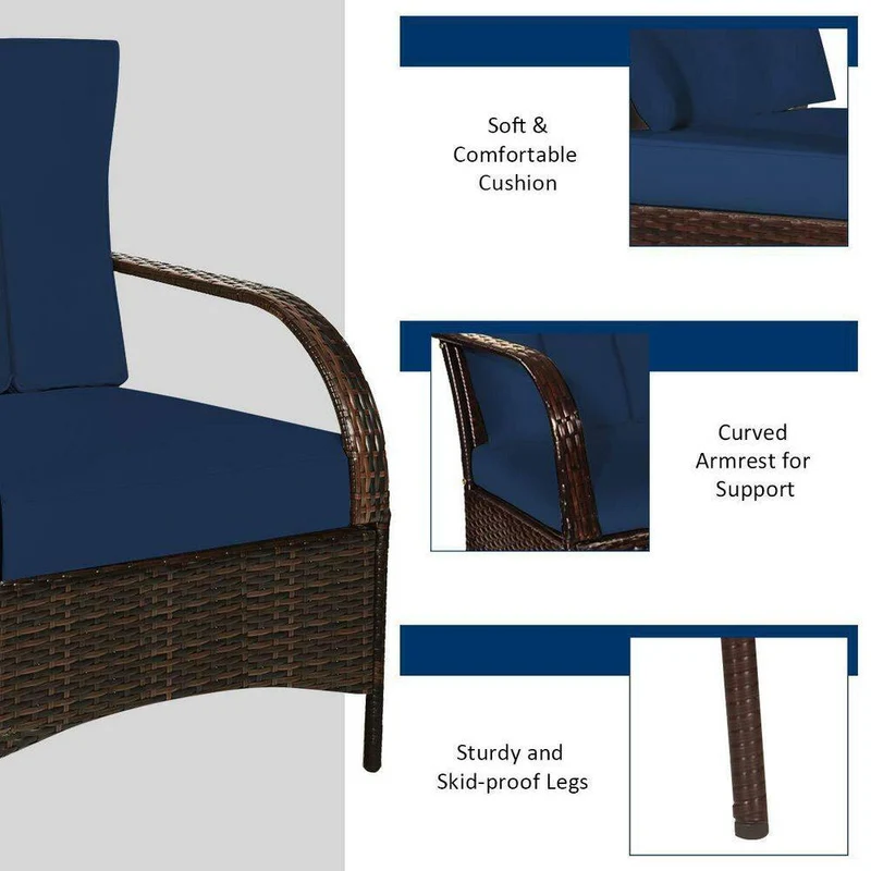 Mix Brown 3-Piece Rattan Wicker Outdoor Furniture Patio Conversation Set with Navy Cushions