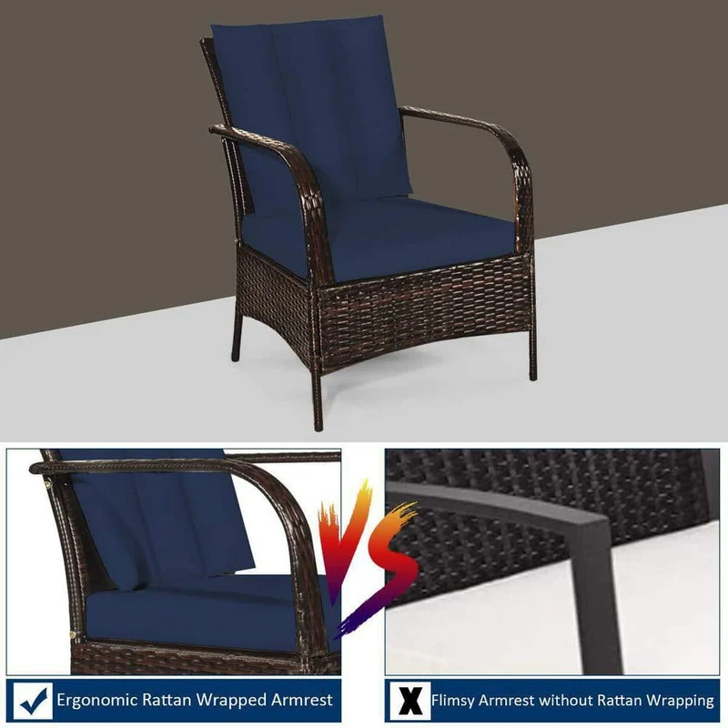 Mix Brown 3-Piece Rattan Wicker Outdoor Furniture Patio Conversation Set with Navy Cushions