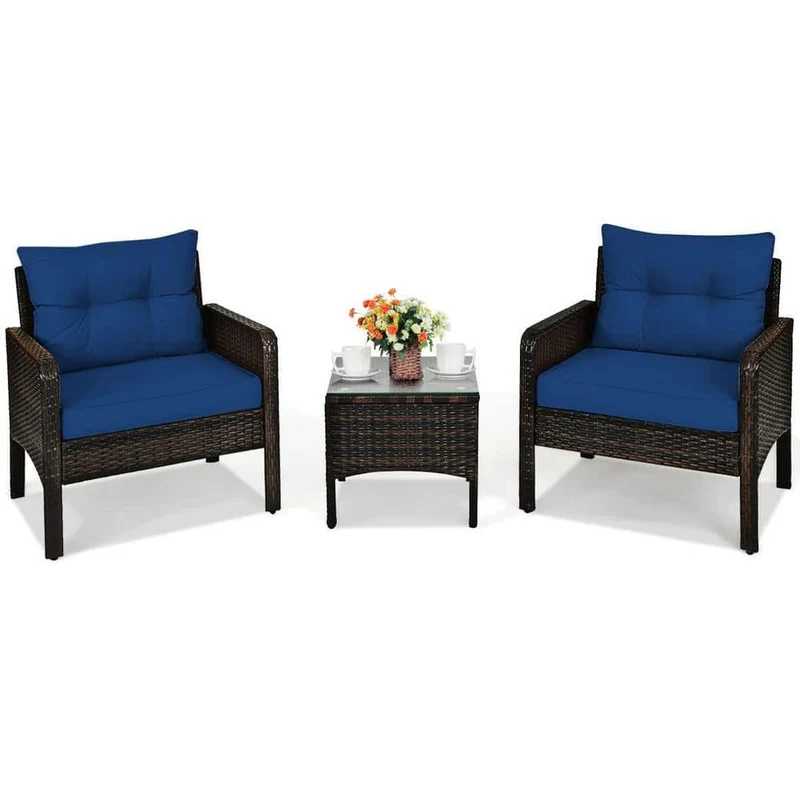 Brown 3-Pieces Wicker Outdoor Patio Conversation Set with Navy Cushions