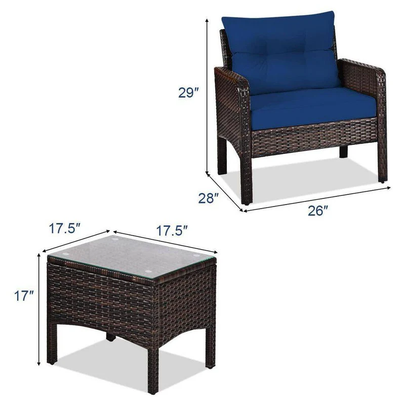Brown 3-Pieces Wicker Outdoor Patio Conversation Set with Navy Cushions