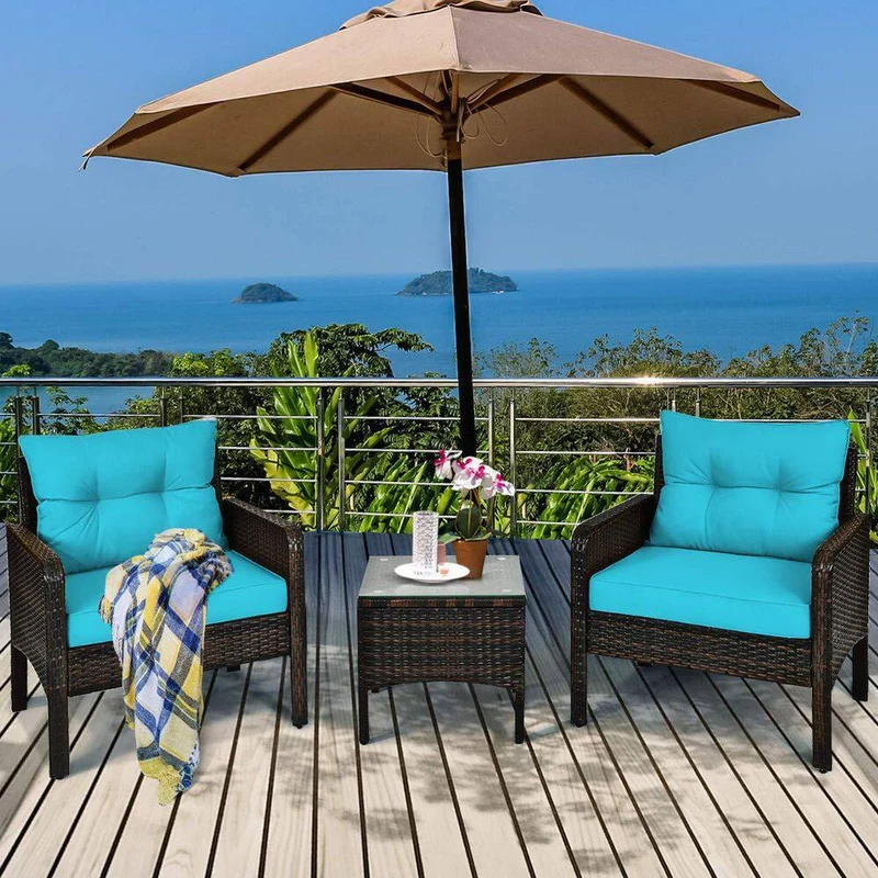 Brown 3-Pieces Wicker Outdoor Patio Conversation Set with Turquoise Cushions