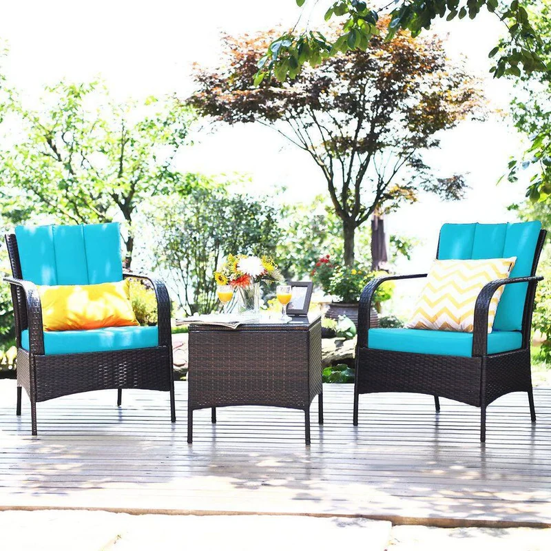 Mix Brown 3-Piece Rattan Wicker Outdoor Furniture Patio Conversation Set with Turquoise Cushions