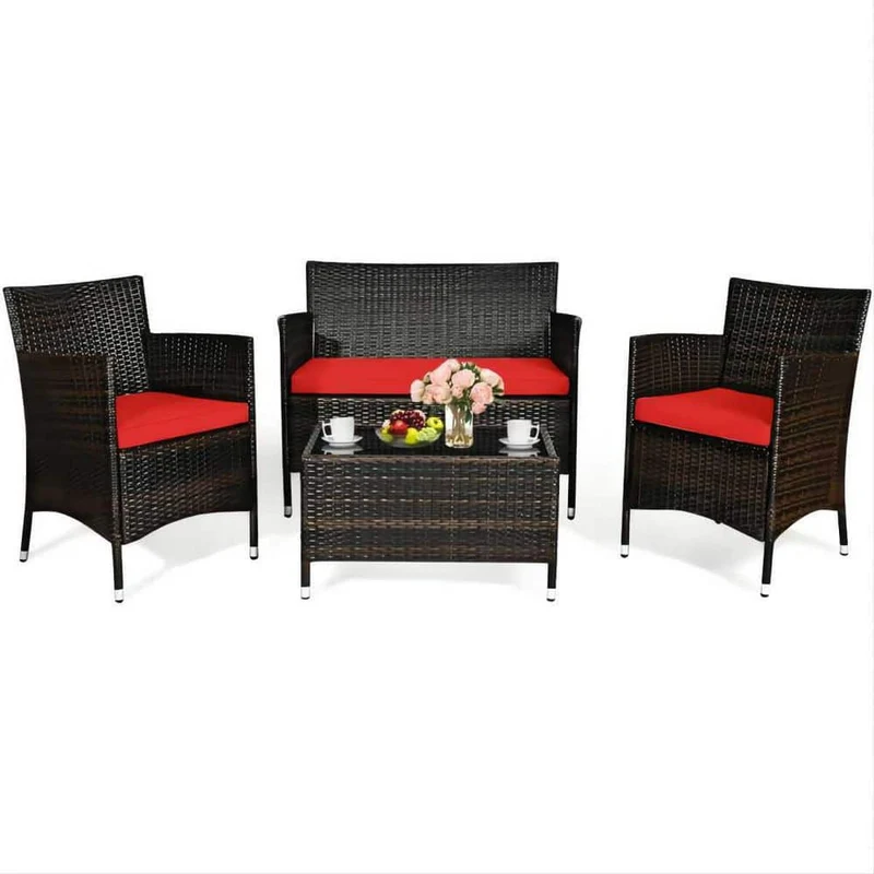 4-Piece Wicker Patio Conversation Set with Red Cushions